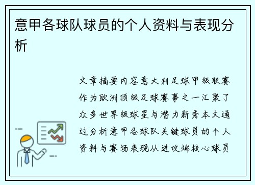 意甲各球队球员的个人资料与表现分析