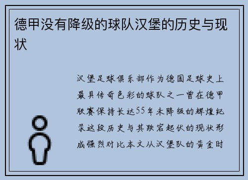 德甲没有降级的球队汉堡的历史与现状