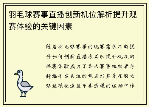 羽毛球赛事直播创新机位解析提升观赛体验的关键因素